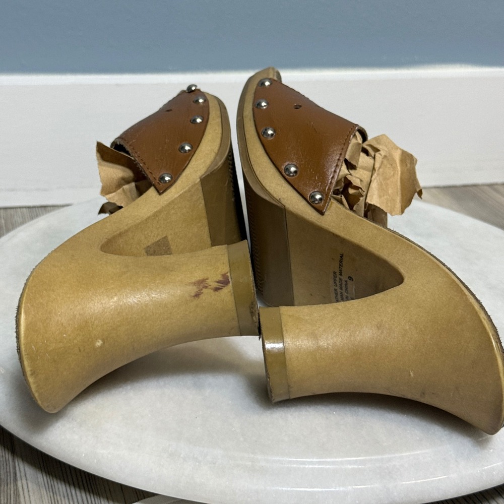 Vtg Candies Brown Leather Studded heels Platform Mules Square Toe 9 shoes y2k - Picture 14 of 15